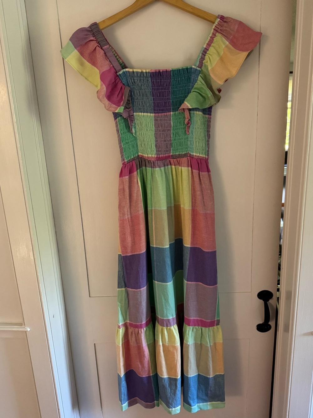 NWT GAP Pastel Rainbow Stripe Linen Maxi Dress with Ruffle Sleeves, size Small T